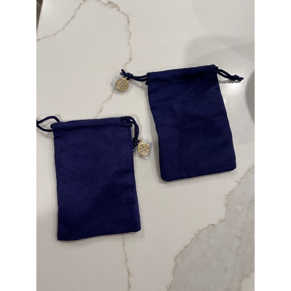 Tory Burch Navy Blue Suede Jewelry Pouch Set of 2 Gold Logo Charm